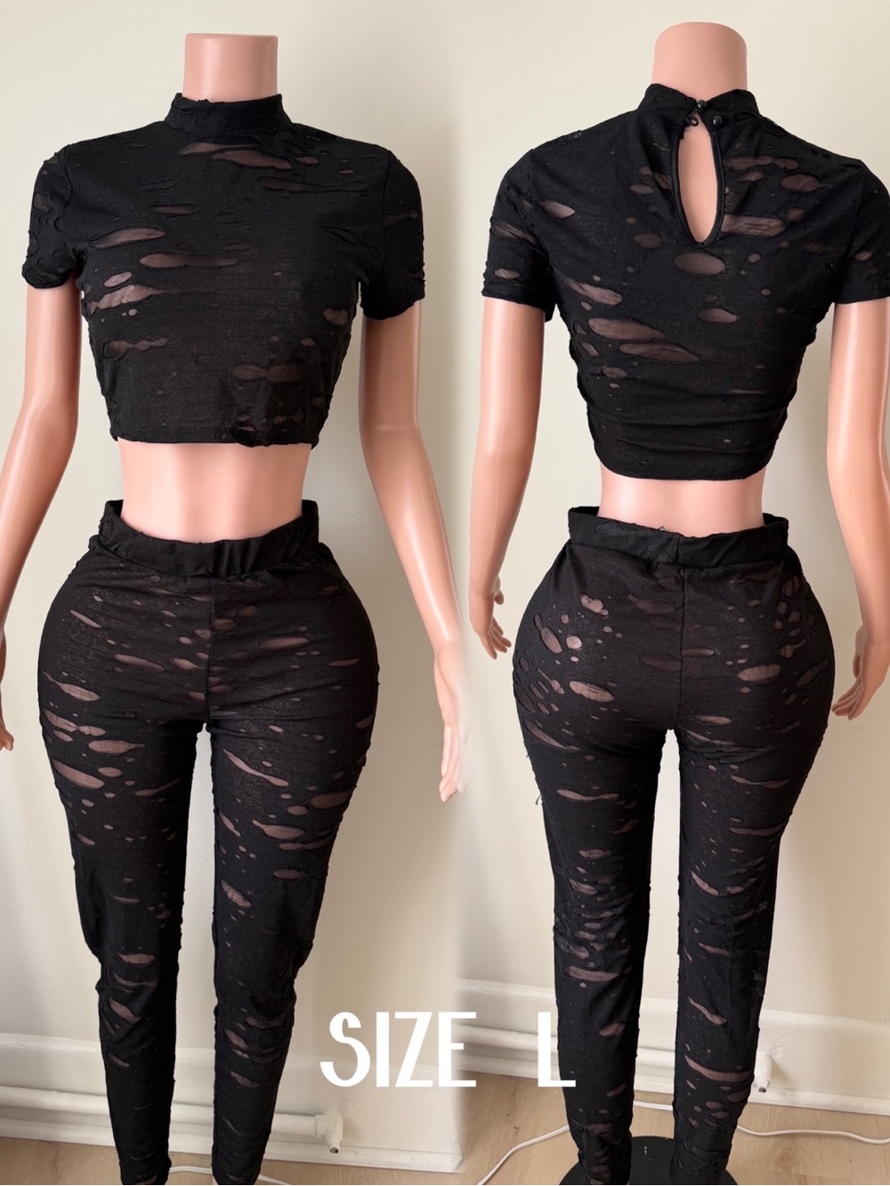 Distressed Two-Piece Crop Top & Pants Set - Black